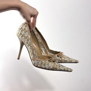 Y2K BCBG White and Gold Monogram Pointed Toe Stiletto Heels